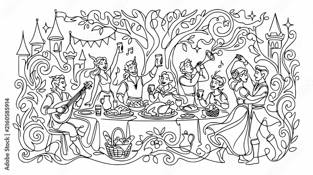 Obraz premium Medieval Feast and Celebration Illustration - Black and White Line Art