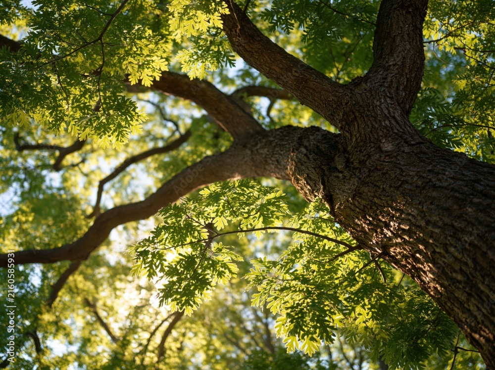 Fototapeta premium Looking up through green leaves and tree branches