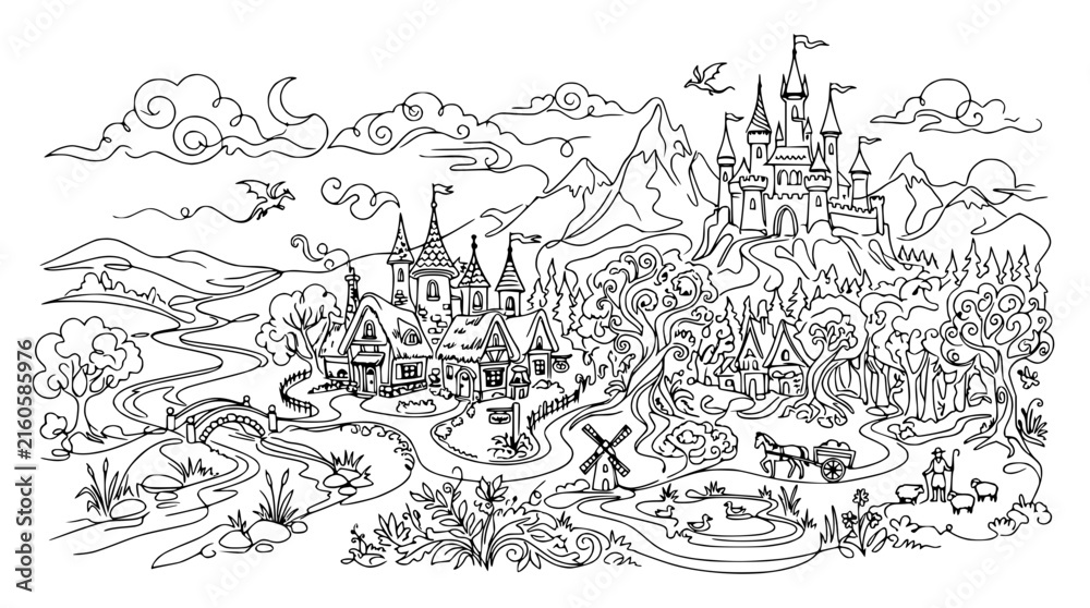 Obraz premium Enchanted Fantasy Kingdom Landscape with Castle, Village, Dragons, and Horse Carriage