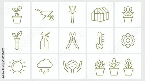 Minimalist gardening icons set for websites, apps, and educational materials.