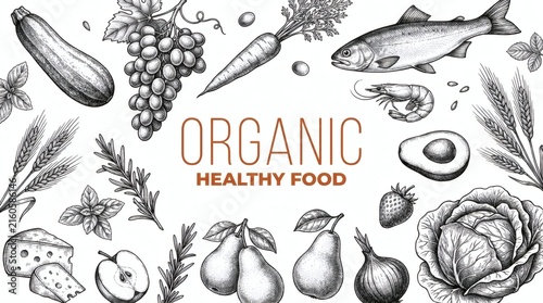 Vibrant organic food illustration showcasing fresh fruits, vegetables, and healthy ingredients.
