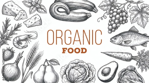 Vibrant organic food illustration showcasing fresh, wholesome ingredients in stylish line art.