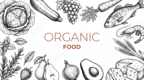 Vibrant organic food illustration showcasing fresh fruits, vegetables, and whole grains in a circular layout.