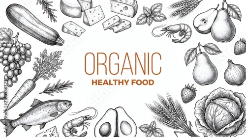 Elegant organic food illustration with fresh produce and healthy lifestyle concept design.