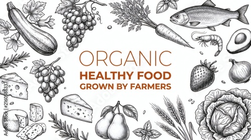 Elegant organic food illustration showcasing farm-fresh, healthy ingredients in stylish design.