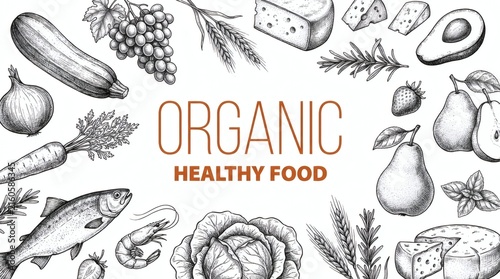 Vibrant organic food illustration with healthy vegetables and fruits border design.
