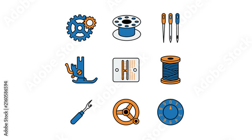 Fotografie Flat design icon set for sewing machine parts: gears, bobbins, needles, presser foot, stitch plate, thread spool, seam ripper, handwheel, dial