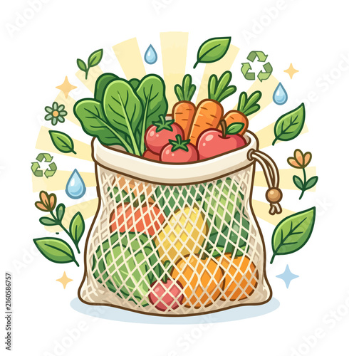 Reusable bag filled with fresh produce and sustainability symbols