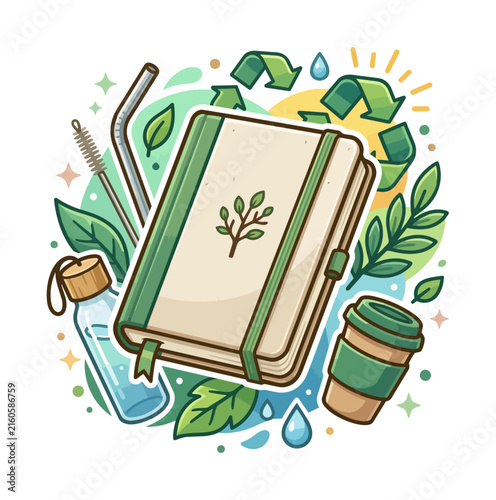 Sustainable lifestyle objects and eco friendly symbols in a clean design