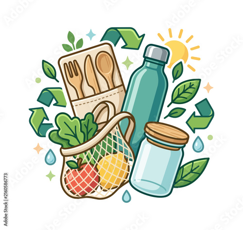 Sustainable living concept eco friendly reusable items and recycling symbols