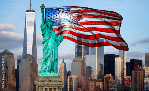 Freedom with Statue of Liberty. Freedom and American flag. Freedom concept in USA. Freedom patriotic background.