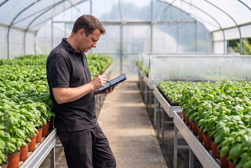Modern Agricultural Specialist Analyzing Basil Crop Growth On Digital Tablet