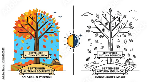 Принти на полотні Autumn Equinox Tree: Flat Design & Line Art Icons for September