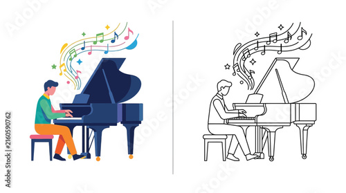 Pianist Playing Grand Piano with Musical Notes and Stars - Isolated