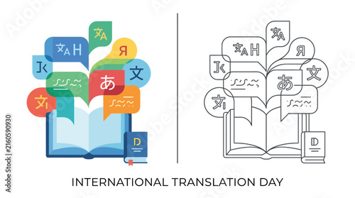 Open Book with Speech Bubbles of Different Languages, International Translation Day Concept