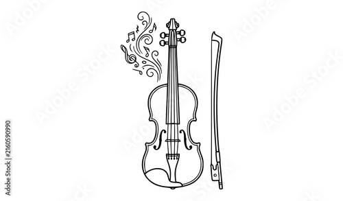 Vintage symphony violin with bow and melodic music notes hand drawn vector art