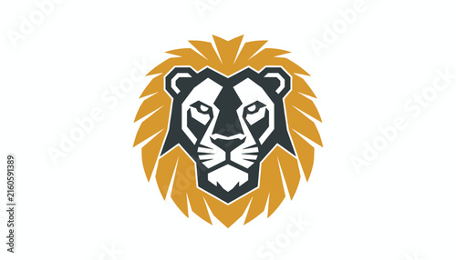 Majestic lion head logo mascot design in gold and dark grey with a fierce gaze, sharp outlines, and a proud flowing mane.