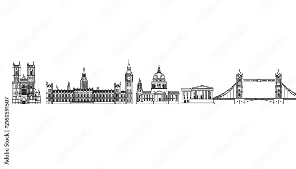 Fototapeta premium Line art illustration of the London skyline featuring major landmarks including Tower Bridge, Big Ben, and St. Pauls.