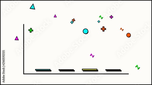 Abstract Memphis style motion graphic with floating geometric shapes and data chart elements
