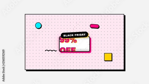 Black Friday 10 percent discount animation with colorful Memphis style geometric shapes