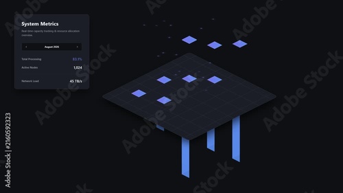 Isometric dashboard interface with digital system metrics and data visualization animation