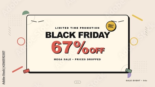 Black Friday sale promotion animation with Memphis style geometric shapes and text overlay