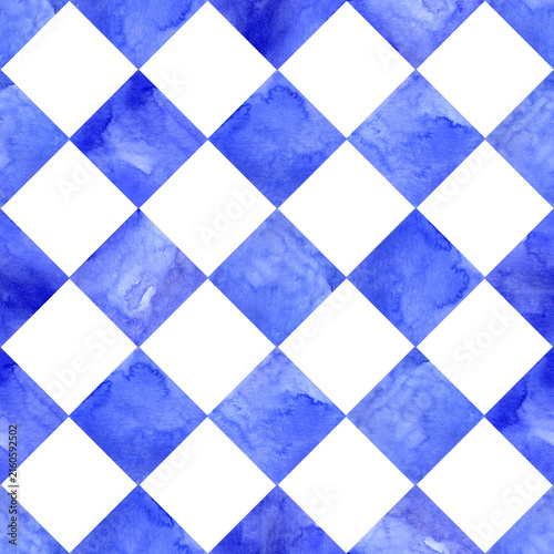 Seamless blue watercolor harlequin pattern with classic hand painted diamond shapes