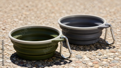 Two collapsible silicone travel pet water bowls in olive green and dark gray with metal carabiners on a pebbled outdoor ground. Portable pet product photo.