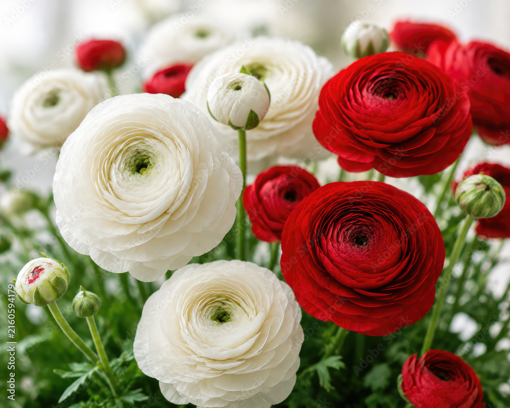 Fototapeta premium Red and White Ranunculus Flowers in Elegant Spring Bouquet Close Up