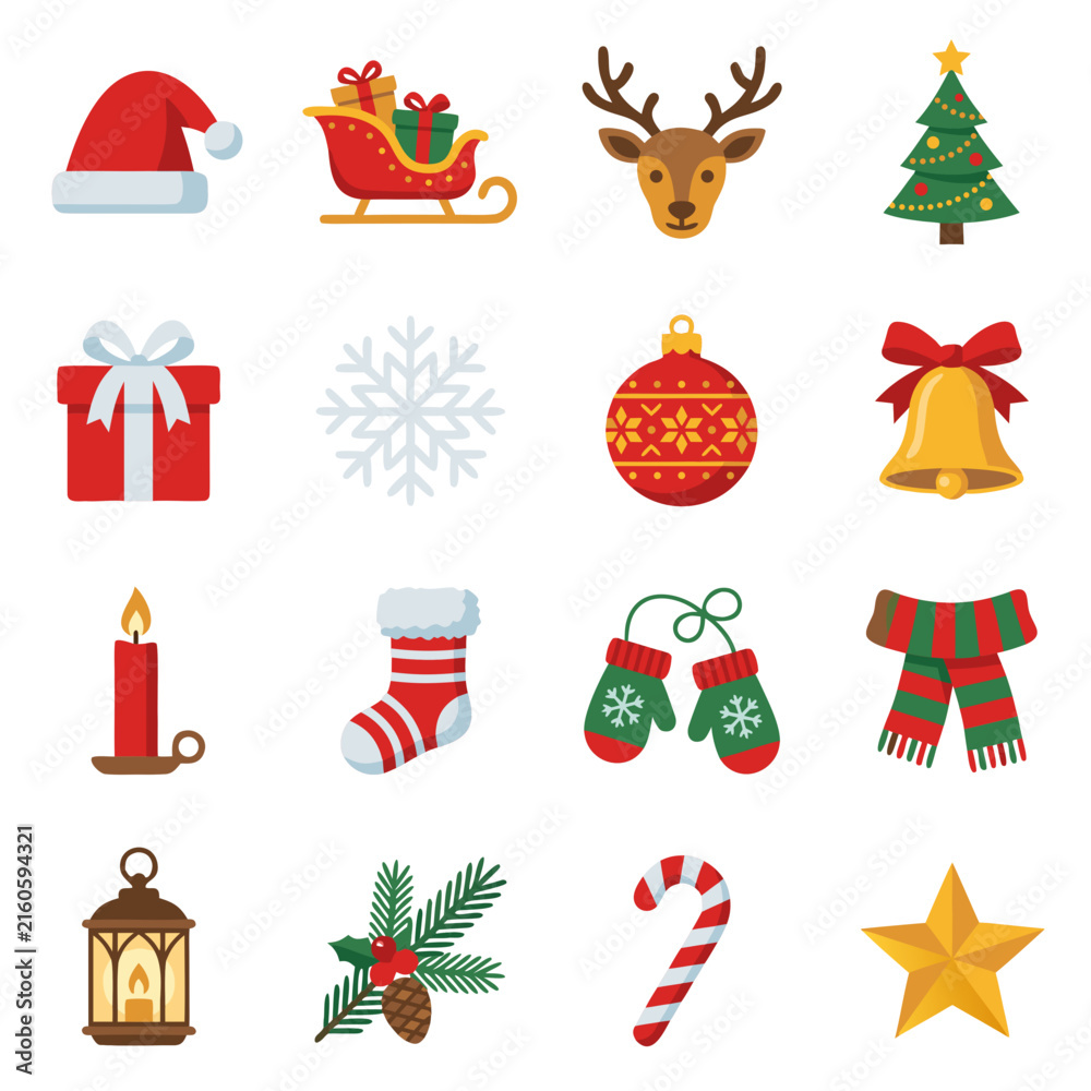 Fototapeta premium Vector illustration set of Christmas holiday flat icons including Santa hat, sleigh, reindeer, tree, snowflake, mittens, scarf, lantern, and golden star isolated on white background. Winter holiday el