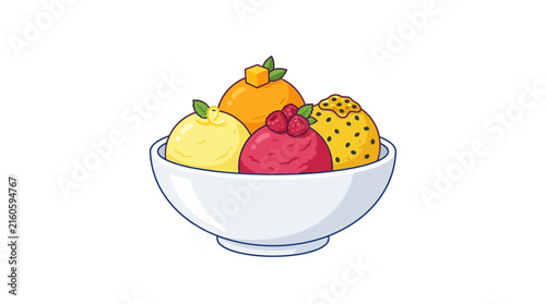 Cartoon Illustration of Assorted Fruit Flavored Ice Cream Scoops in a Bowl