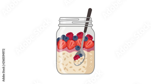 Flat Vector Illustration of Overnight Oats in a Glass Jar