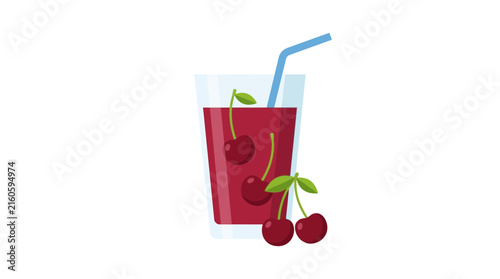 Flat Vector Illustration of Fresh Cherry Juice in Glass