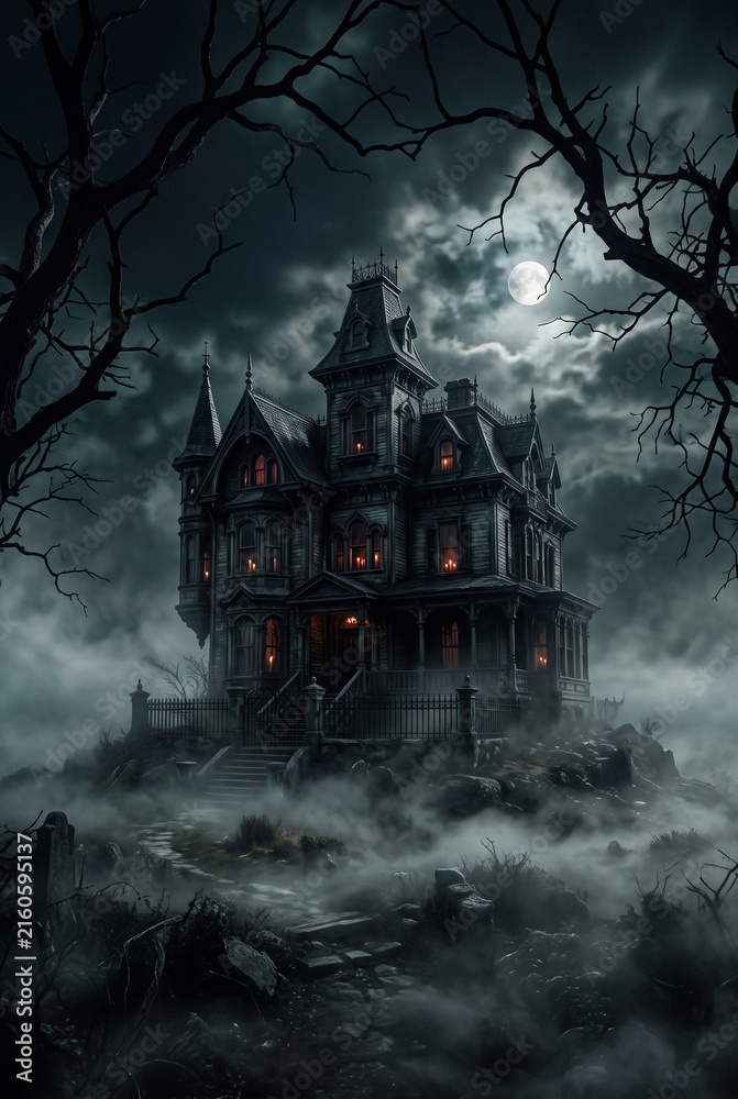 Fototapeta premium Spooky haunted house in fog at night for holiday marketing