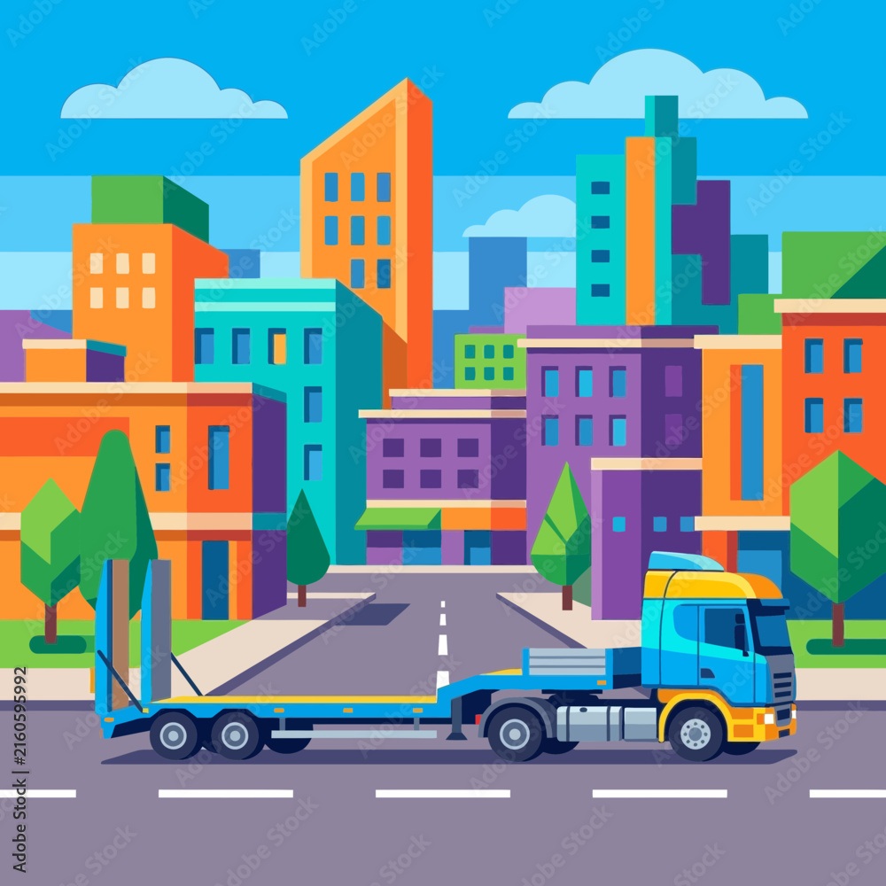 Naklejka premium Urban Logistics Truck Navigating Colorful Cityscape Illustration
