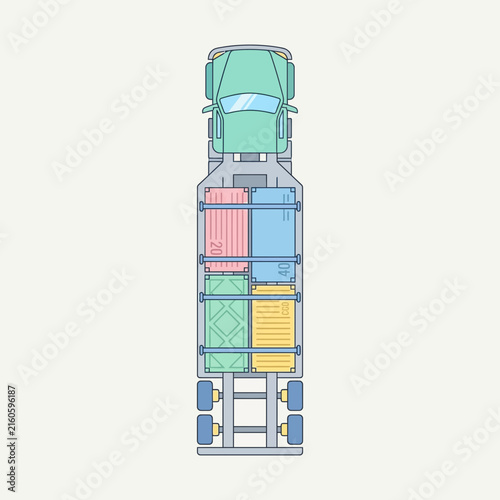 Top View Of A Freight Truck Carrying Multiple Shipping Containers Isolated On Light Background