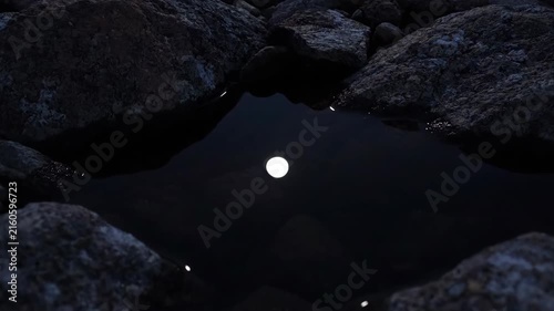 Moon rising over rocky stream at night, mysterious dark water