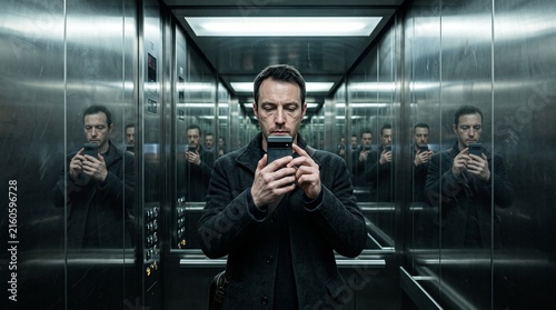 Man taking selfie in elevator with mirrored walls creating infinite reflections
