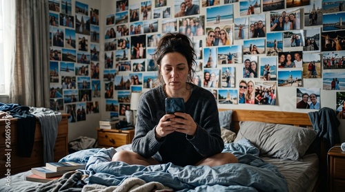 Woman sitting on bed looking at phone surrounded by photos on wall