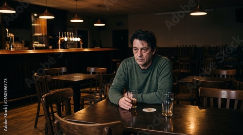 Man sitting alone at a table in a dimly lit pub with a drink