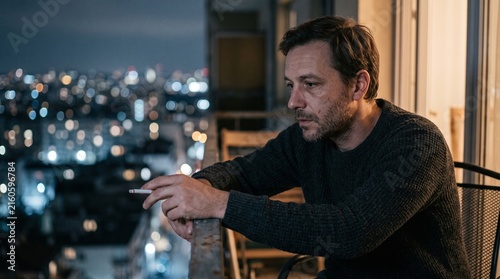 Man smoking cigarette on balcony at night overlooking city lights with bokeh effect