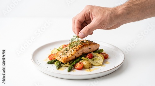 Chef garnishing a perfectly cooked salmon fillet with fresh dill on a bed of roasted vegetables