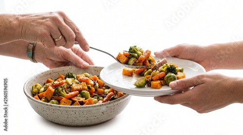 Hands serving roasted vegetables from a bowl onto a plate with a spoon, healthy food concept