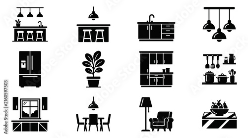 Dynamic Black and White Kitchen and Living Room Icons Set Featuring Appliances Decor and Furniture