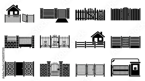 Dynamic Black and White Illustrations of Various Stylish House Gates and Fences for Home Decor and Architecture