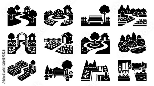 Dynamic Black and White Minimalist Garden and Park Landscape Icons Set for Design Projects with high quality professional line art symbols for modern creative design and digital branding projects