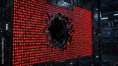 Obraz na płótnie Cybersecurity data breach concept, red binary code wall with broken hole, digital security failure in server room