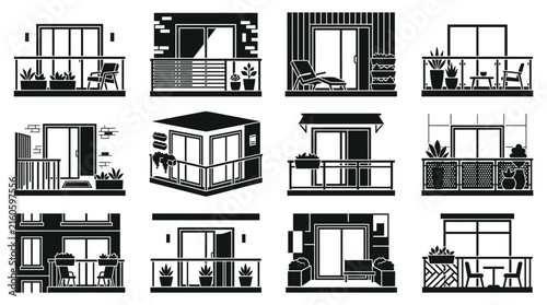 Dynamic Black and White Minimalist Illustrations of Modern Balcony and Indoor Living Spaces with Plants and Furniture