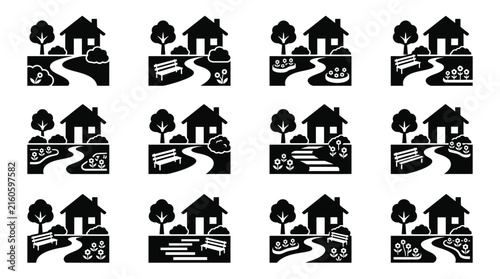 Dynamic Black and White Minimalist Illustrations of Suburban Homes with Curved Paths and Benches
