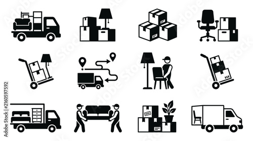 Dynamic Black and White Moving and Delivery Process Illustrated with Icons with high quality professional line art symbols for modern creative design and digital branding projects